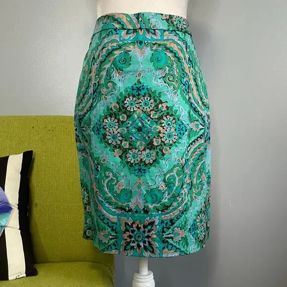 J Crew Green Medallion Cotton The Pencil Straight Skirt 2 - Picture 1 of 5